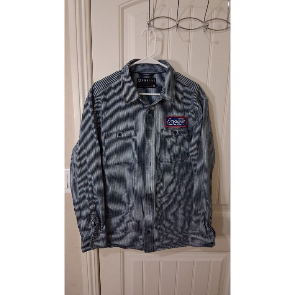 Empyre Men’s Large Blue White Stripe Long Sleeve Work Shirt Patch 100% Cotton